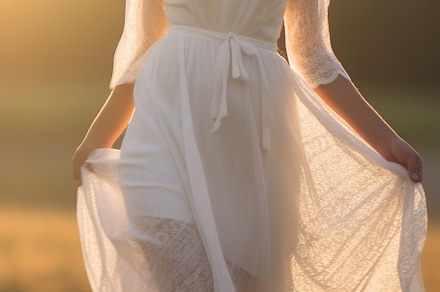 Bride on a summer field in white wedding dress rolling and dancing