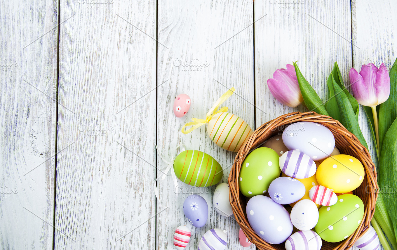 Basket with easter eggs containing easter, basket, and background