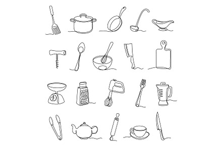 Kitchen utensils. Sketch cooking equipment. Frying pan, knife and fork By  YummyBuum