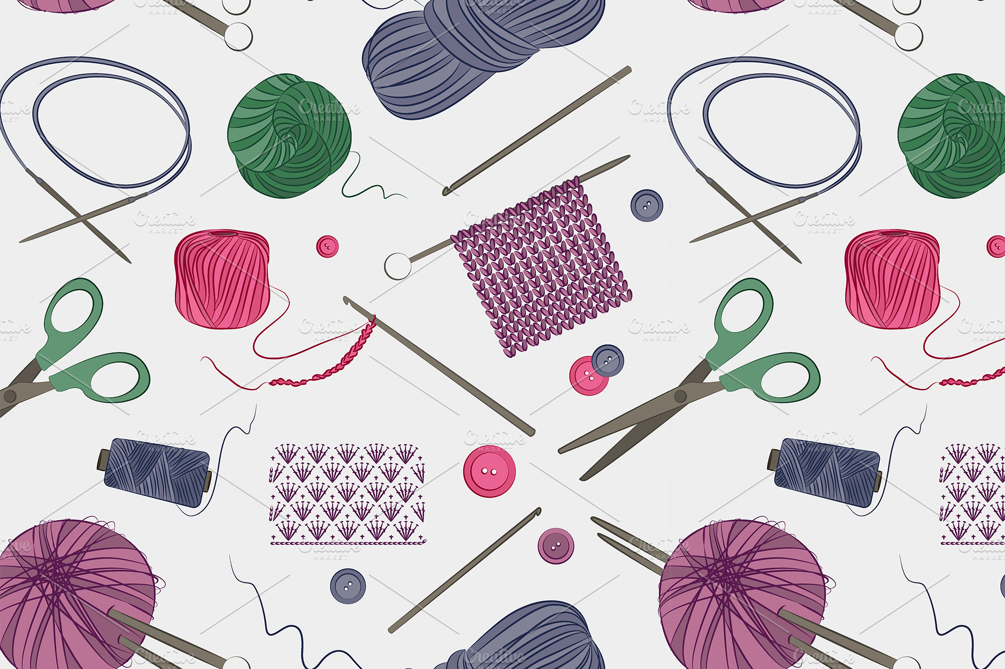 Knitting and crochet set pattern Illustrator Graphics Creative Market