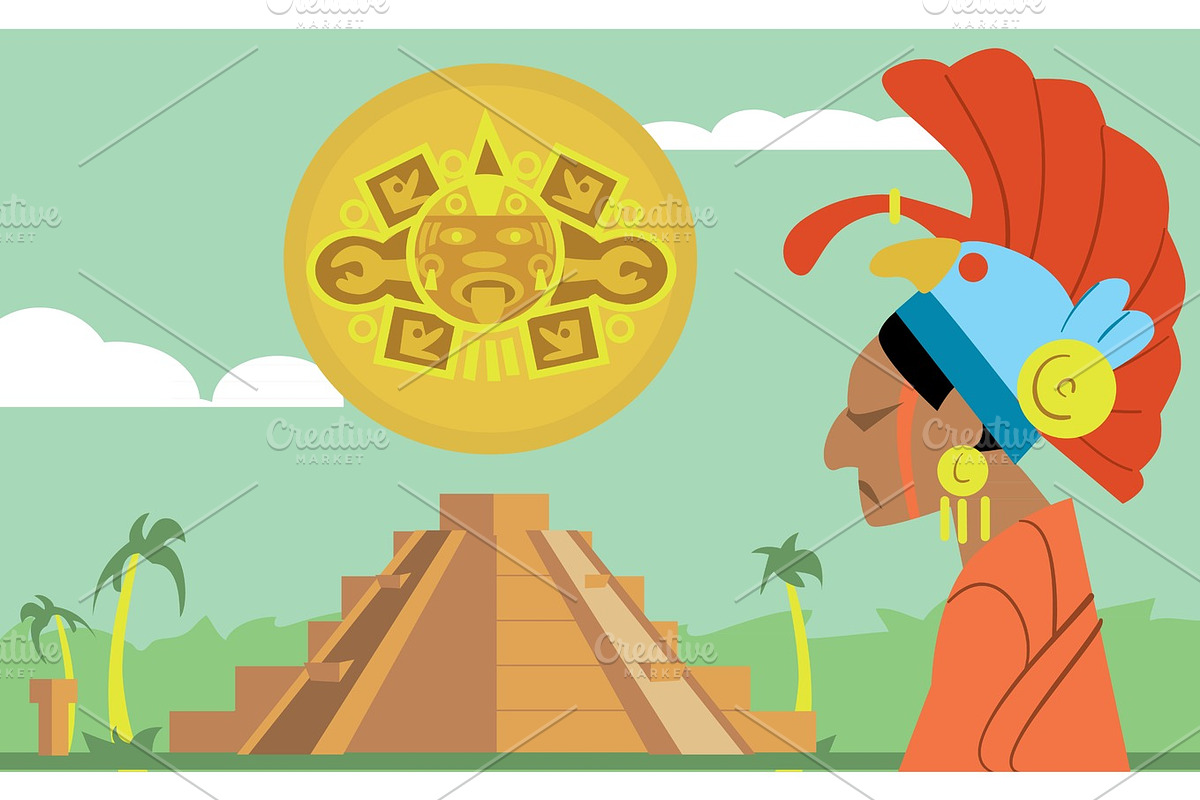 Pyramid Maya, chief of tribe Maya. Vector Mayan. | Pre-Designed ...