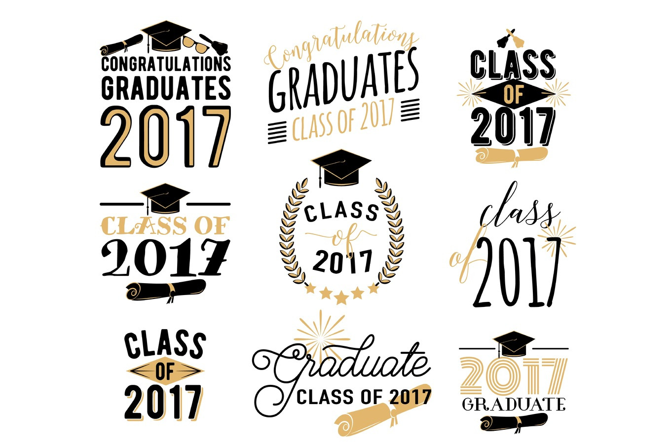 Graduation wishes overlays, labels set. Retro graduate class of 2017 ...