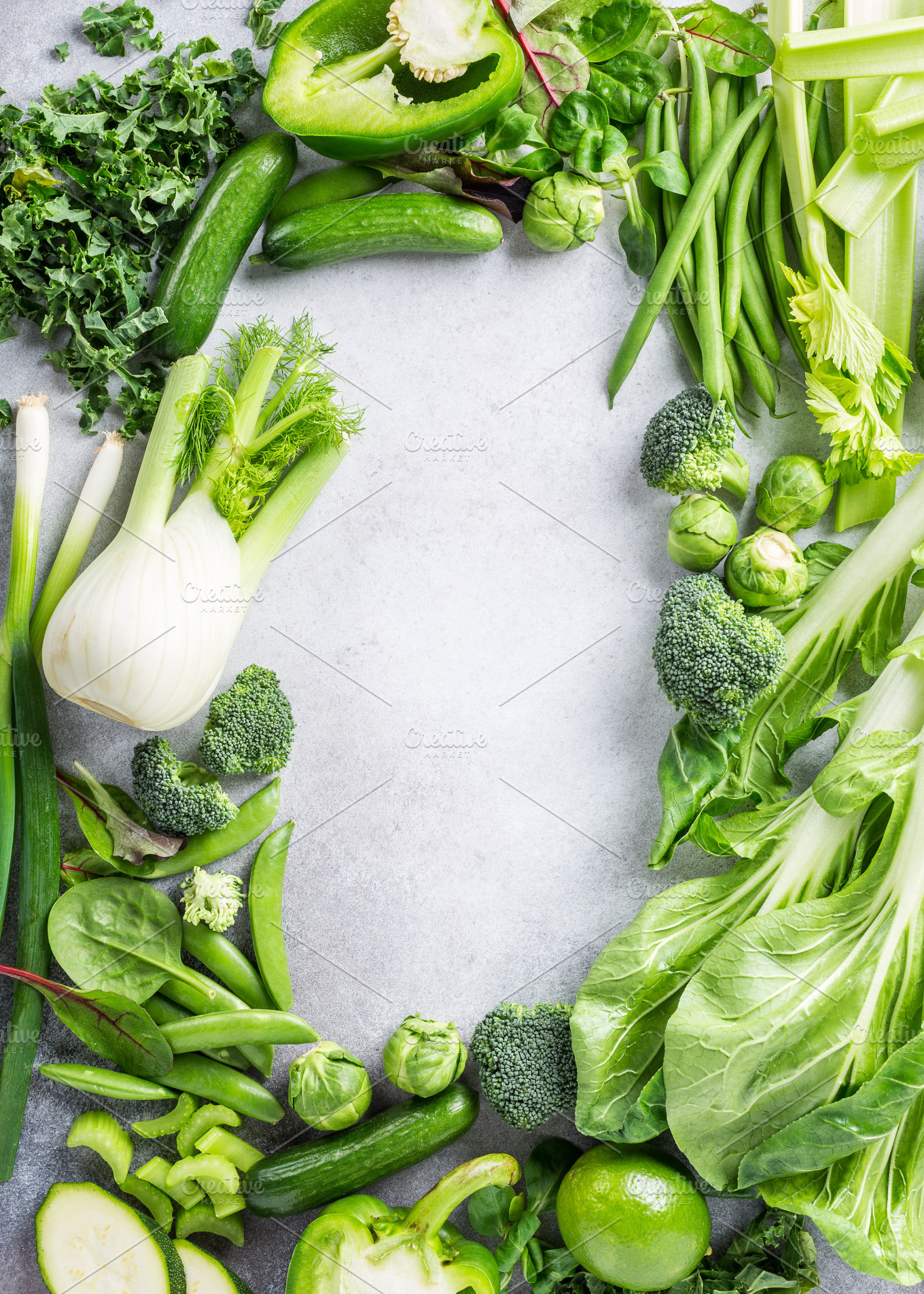 Background with assorted green vegetables stock photo containing