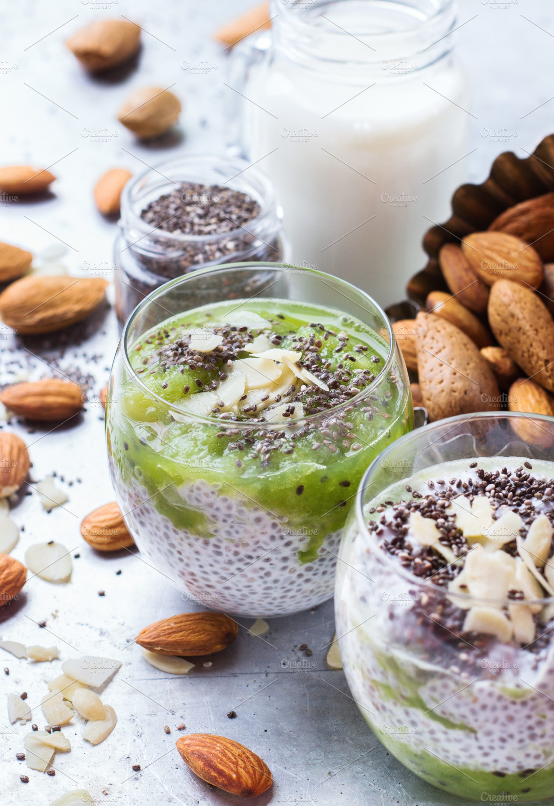 Chia seed pudding with almond milk and fresh fruit topping containing ...