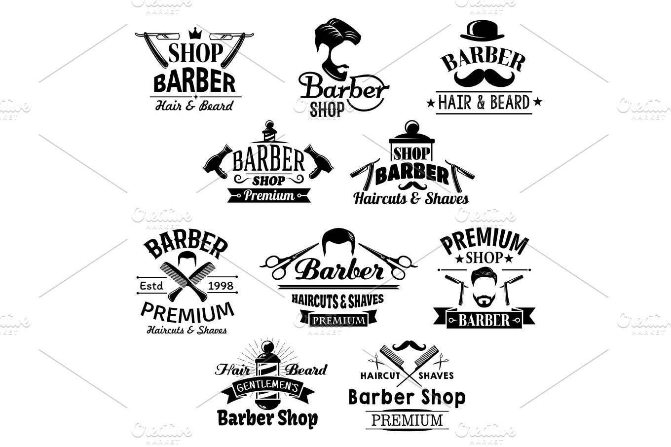 Barber shop beard, mustaches scissors vector icons | Illustrations ...