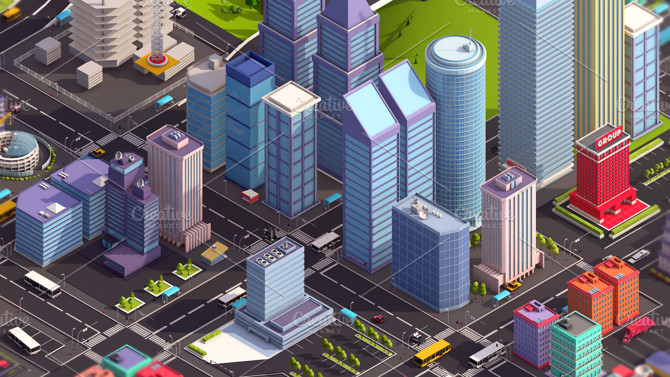 Cartoon Low Poly Isometric City 3d illustration | Food Illustrations ...