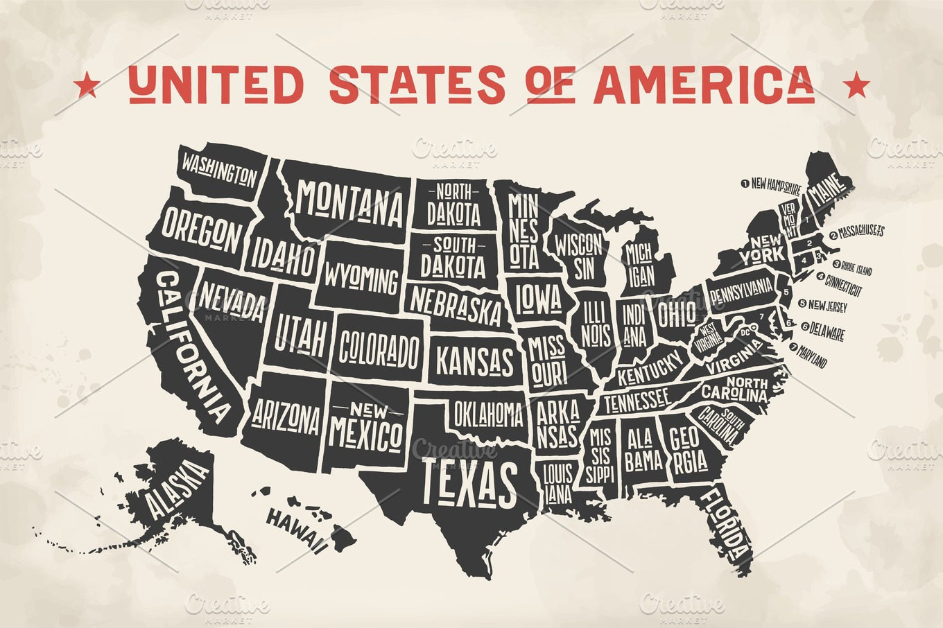 Poster map United States of America with state names | Illustrations