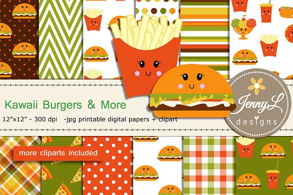 Kawaii Burgers Digital Papers Custom Designed Graphic Patterns Creative Market