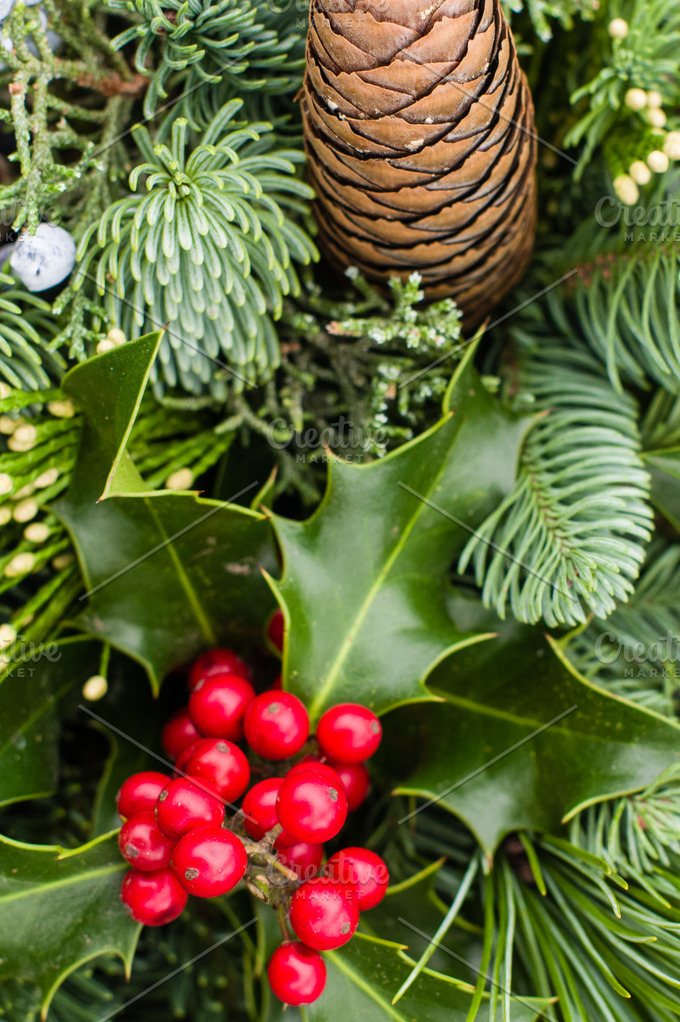 Evergreen arrangement with holly | High-Quality Holiday Stock Photos