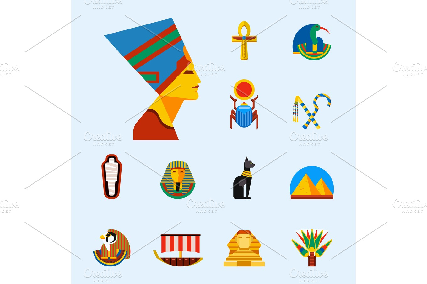 Set of vector flat design egypt travel icons culture ancient elements ...