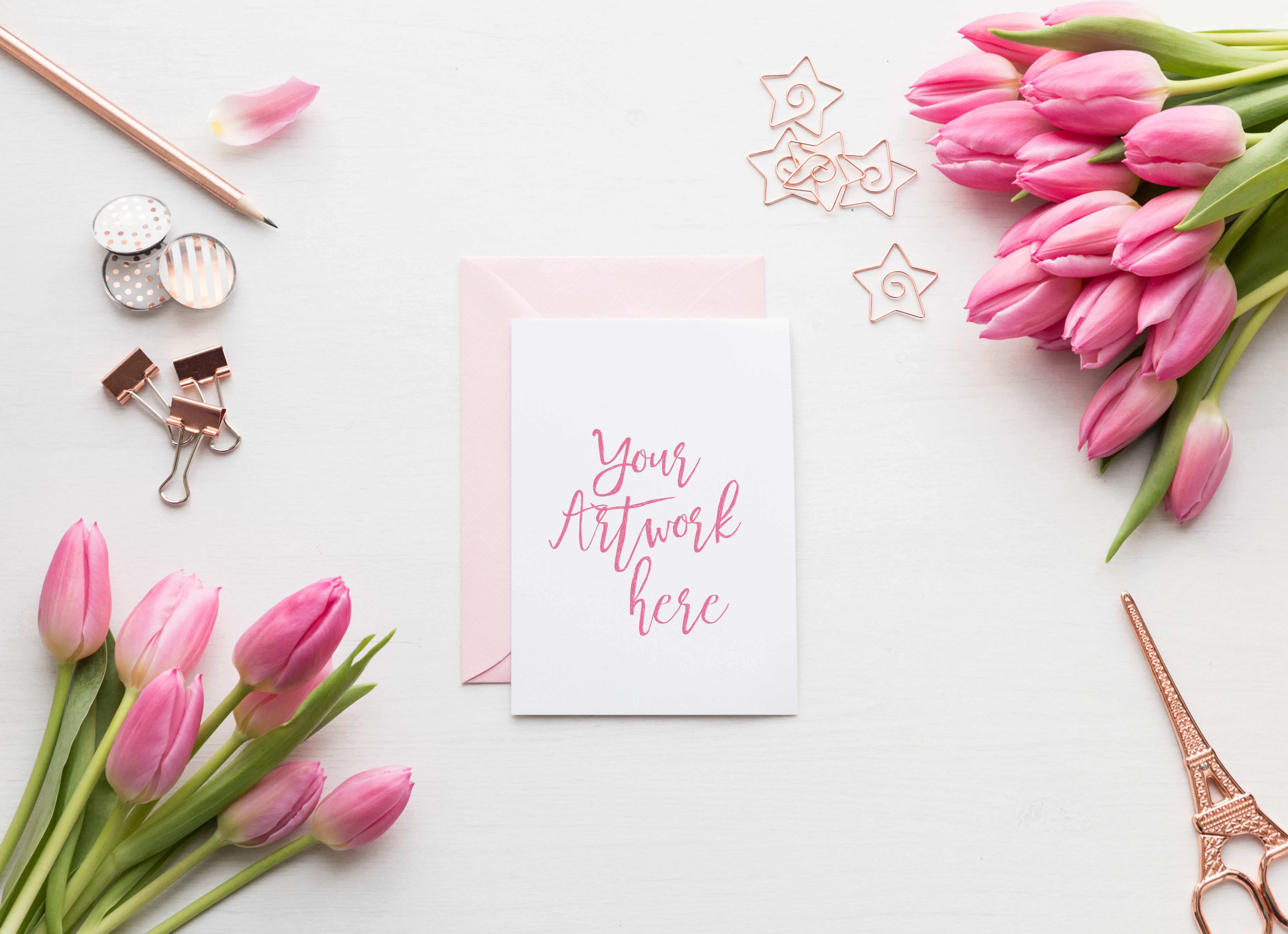 Pink Tulips Card/Invitation Mockup | Print Templates ~ Creative Market