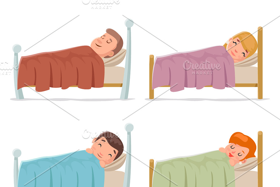 Cute cartoon boy sleep in bed good | Pre-Designed Illustrator Graphics