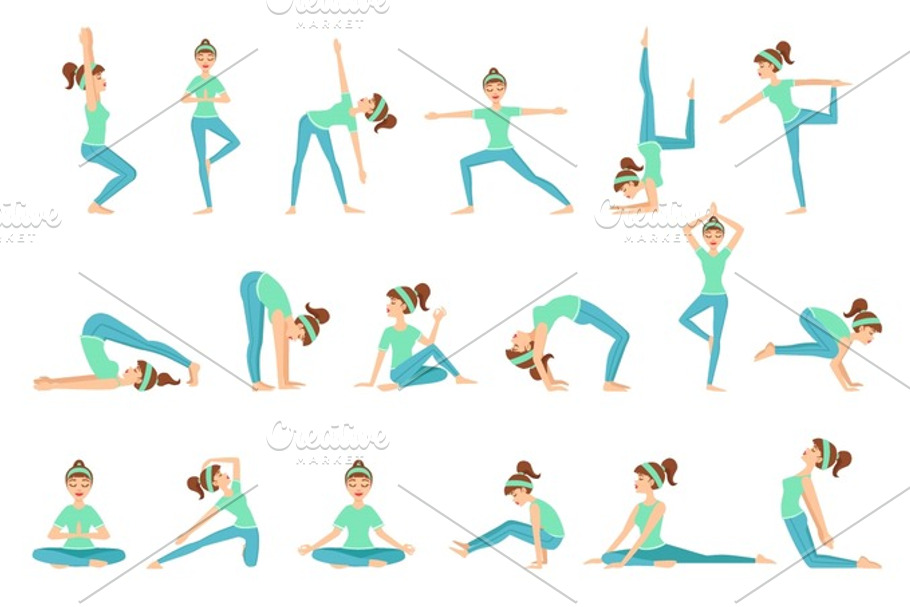 Little Girls Doing Yoga Set | Pre-Designed Illustrator Graphics ...