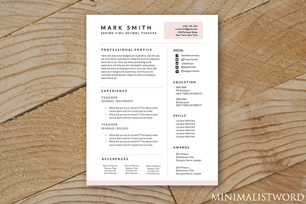 Pink Resume Template Ms Word Creative Resume Templates ~ Creative Market 