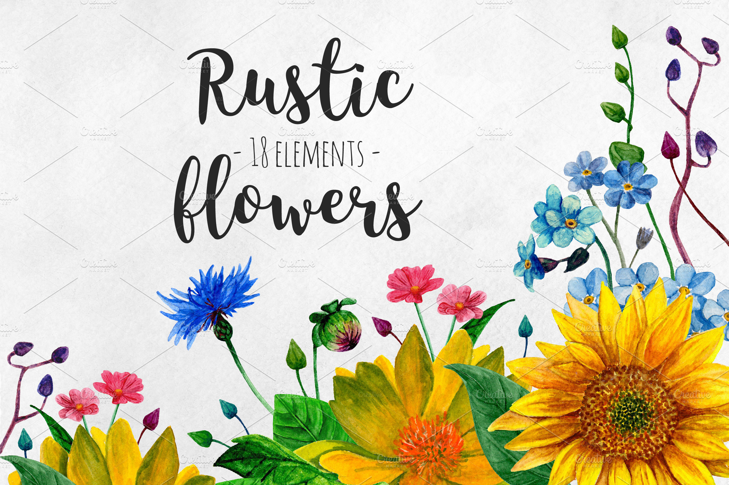 Watercolor Rustic Flowers Clip Art | Custom-Designed Illustrations ~ Creative Market