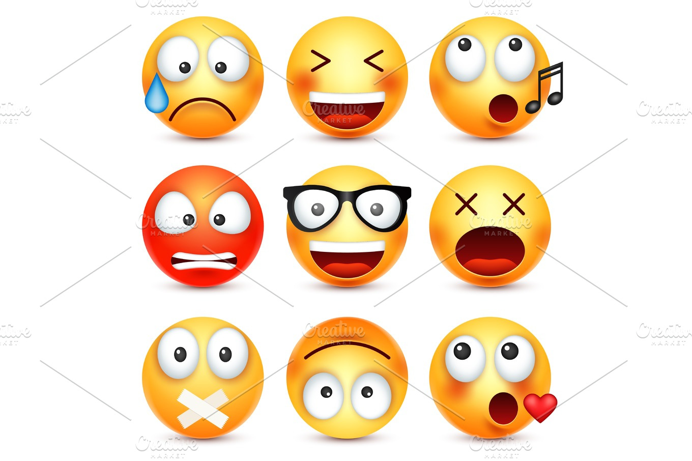 Smiley,emoticon set. Yellow face with emotions. Facial expression. 3d ...