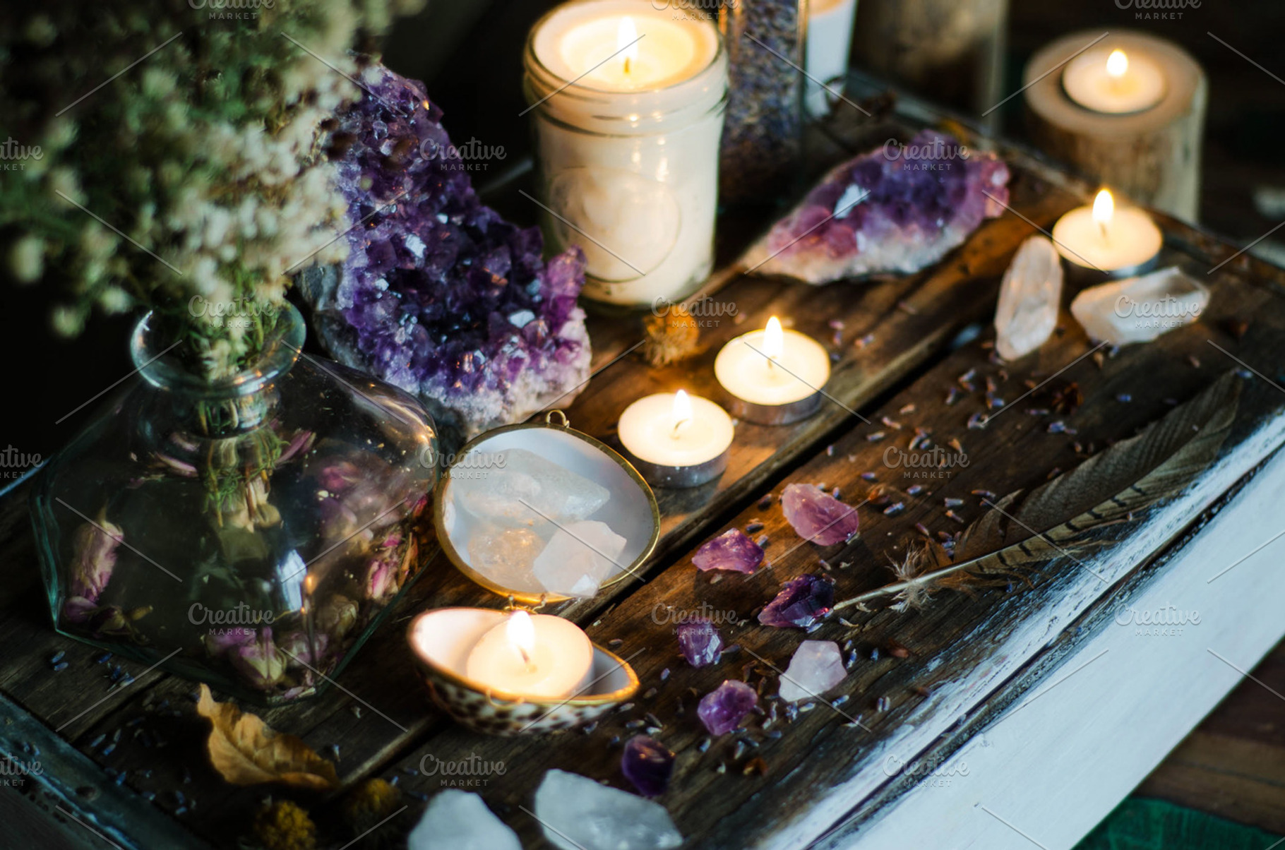 Mystical altar 4 featuring crystals, candle, and earthy | High-Quality