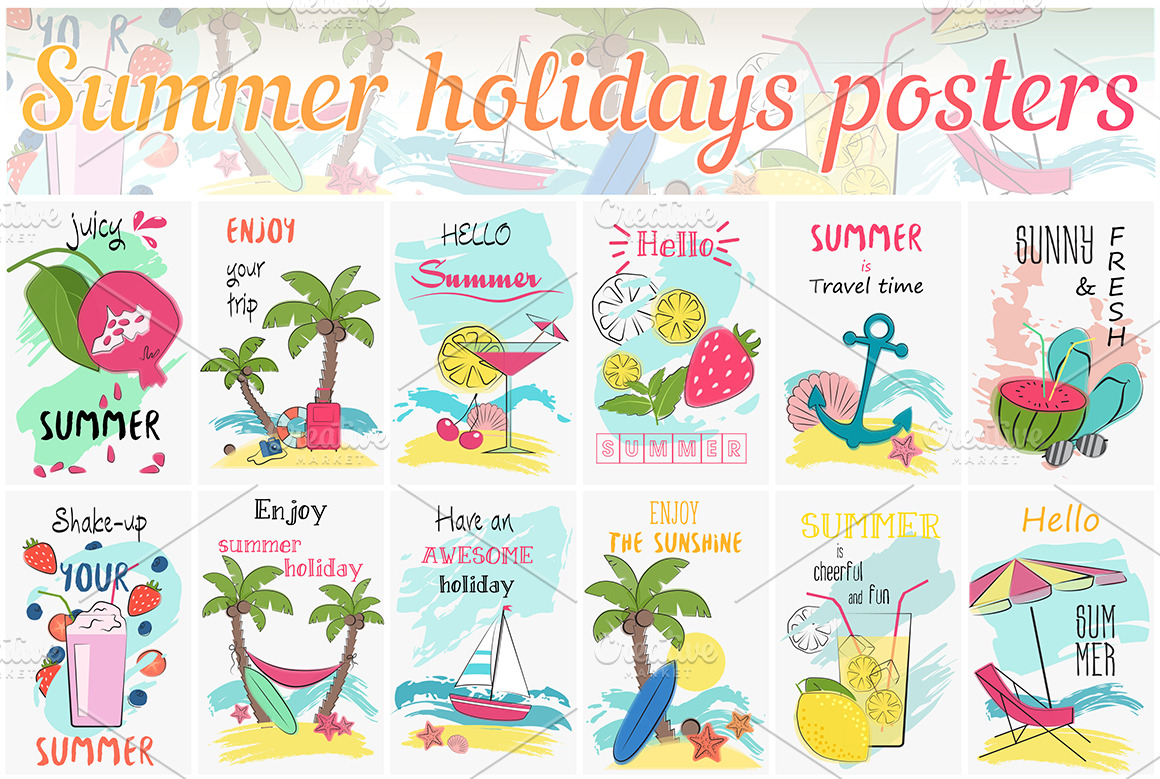 Summer holidays poster cards set | Illustrator Graphics ~ Creative Market