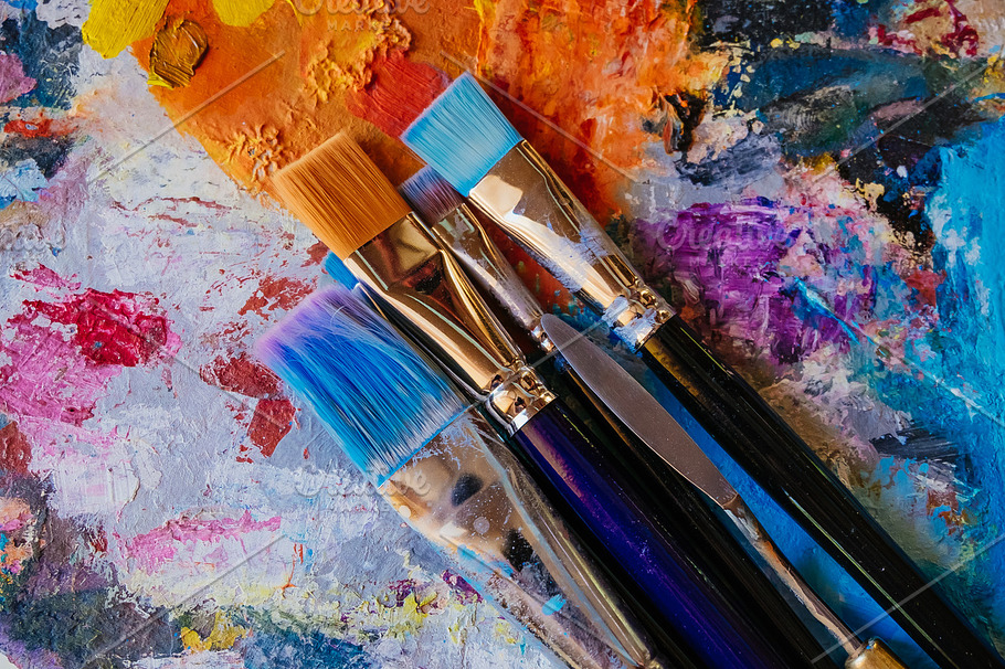 Paint Brushes On Painted Background High Quality Arts And Entertainment