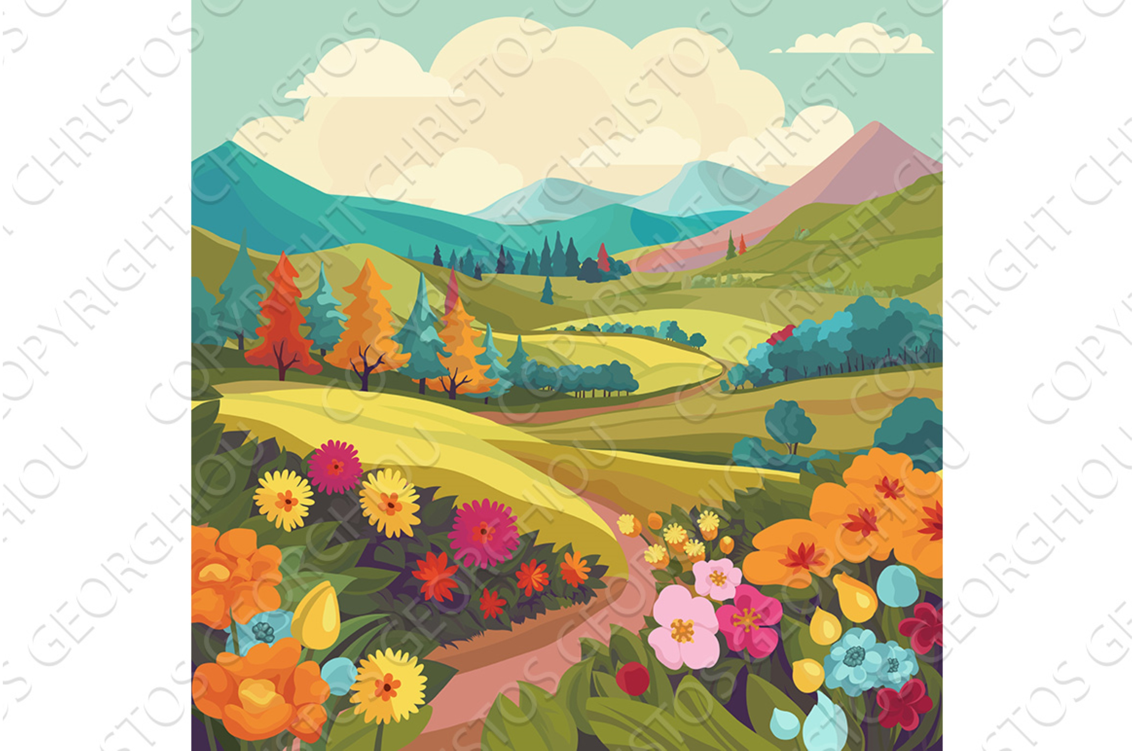 Beautiful Scenic Hills and Countryside Flowers Clip Art · Creative Fabrica