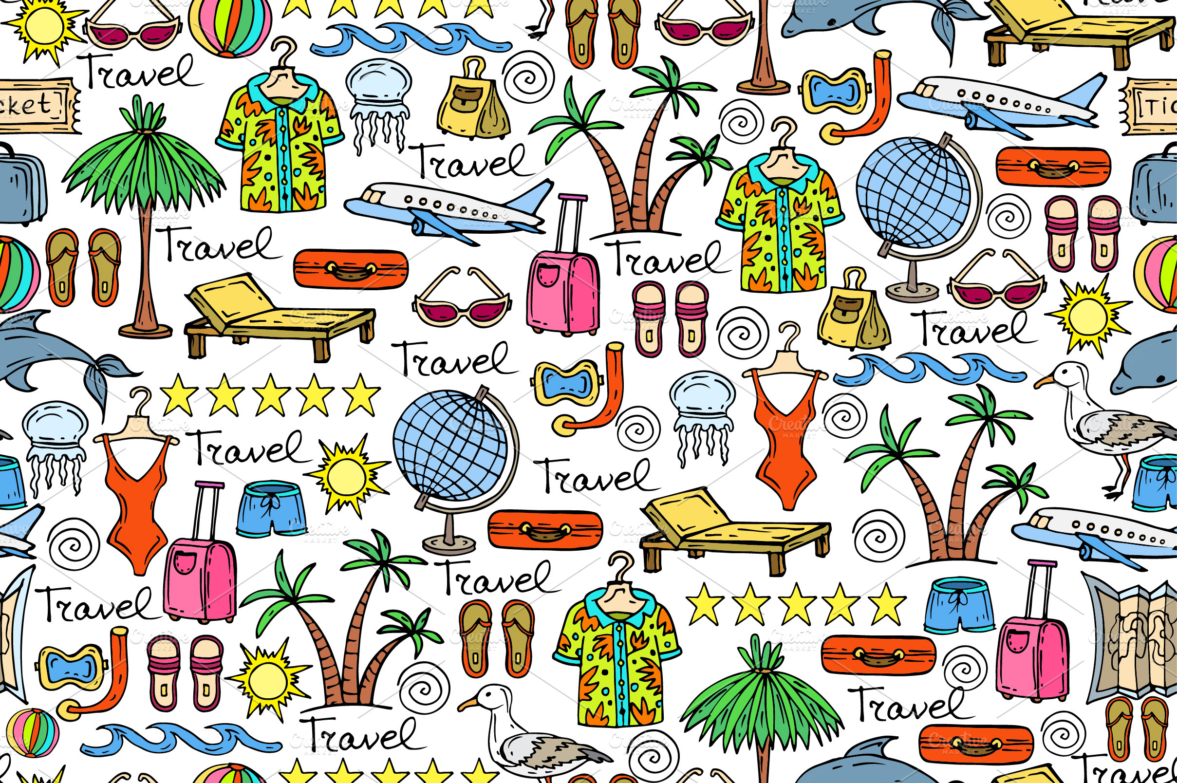 Pattern with cartoon travel symbols | Illustrator Graphics ~ Creative ...