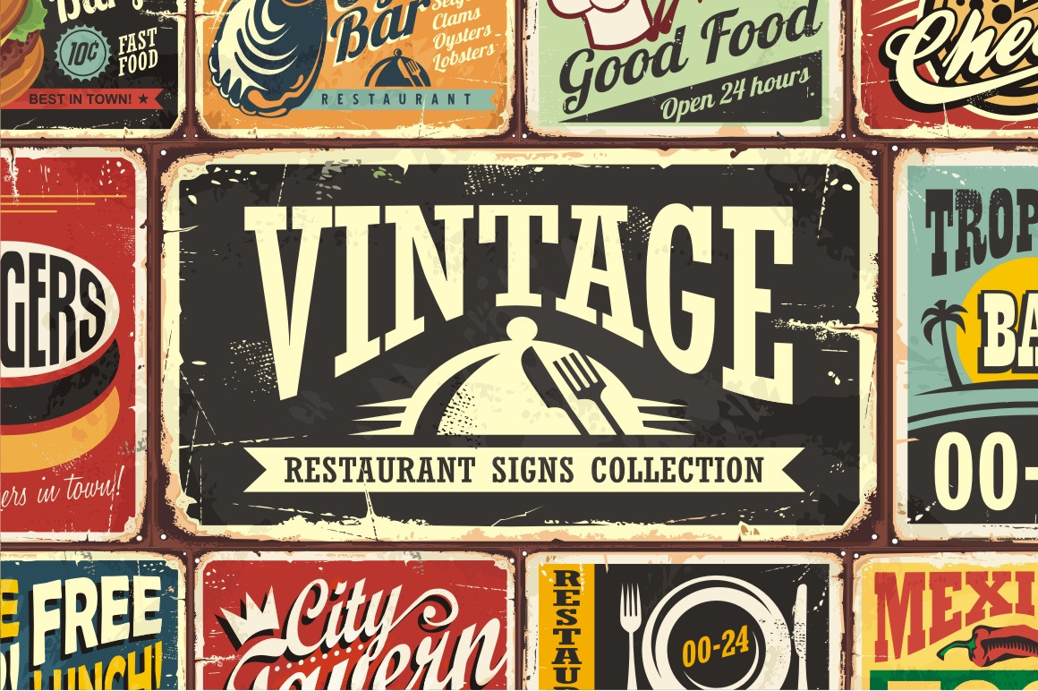 Vintage Restaurant Signs Collection Pre Designed Illustrator Graphics Creative Market