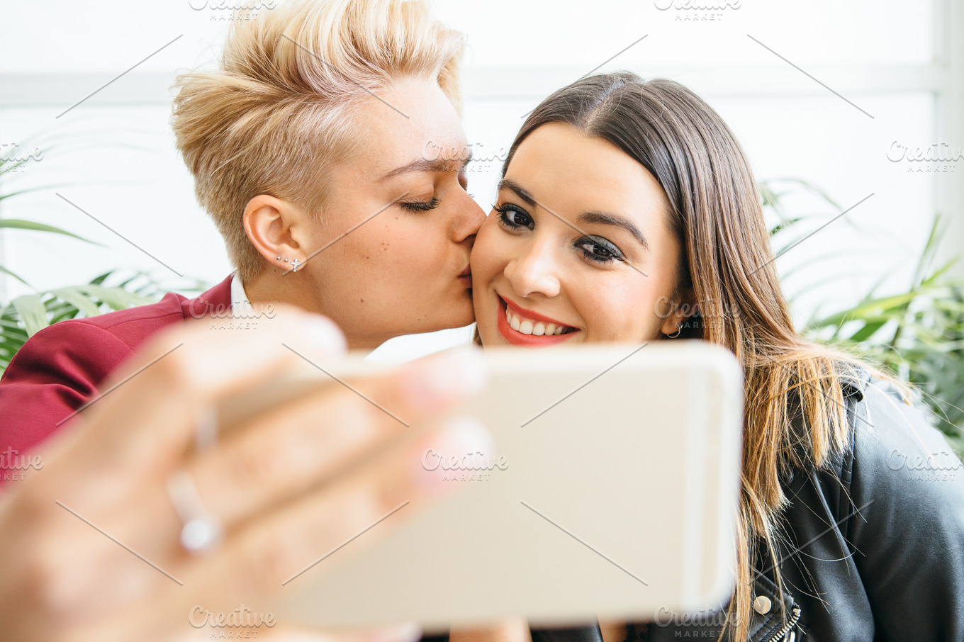 Smiling Lesbian Couple Taking Selfie High Quality People