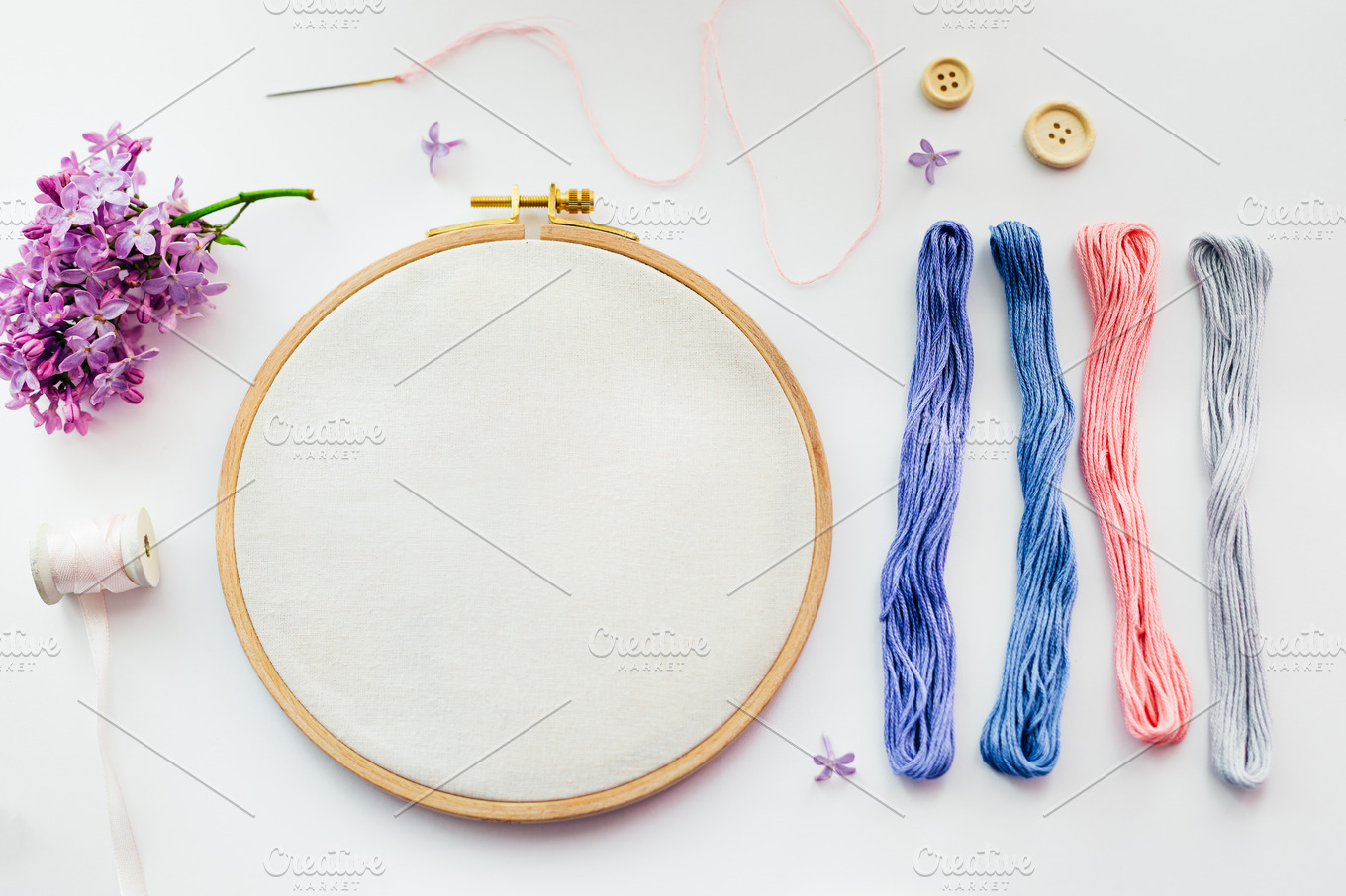 Download Psd Mockup With An Embroidery Hoop Creative Photoshop Templates Creative Market