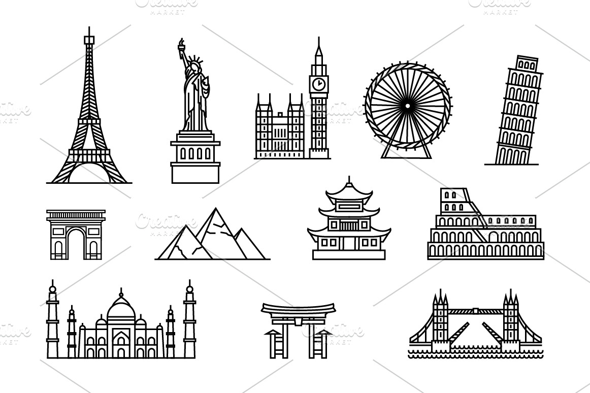 famous-buildings-tourist-places-outline-icons-creative-market