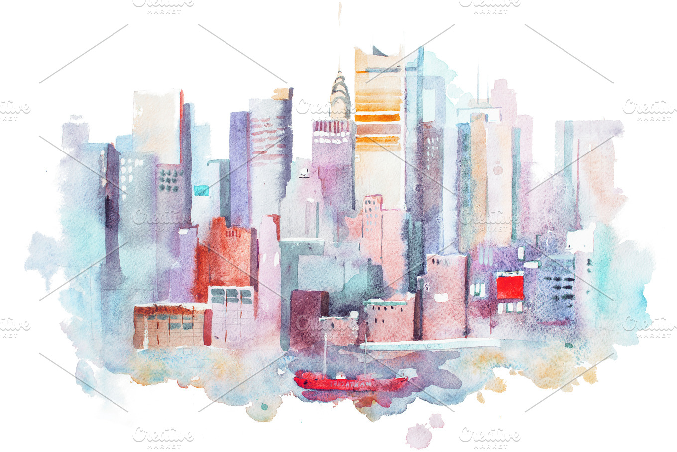 watercolor drawing of New York cityscape, USA. Manhattan aquarelle ...