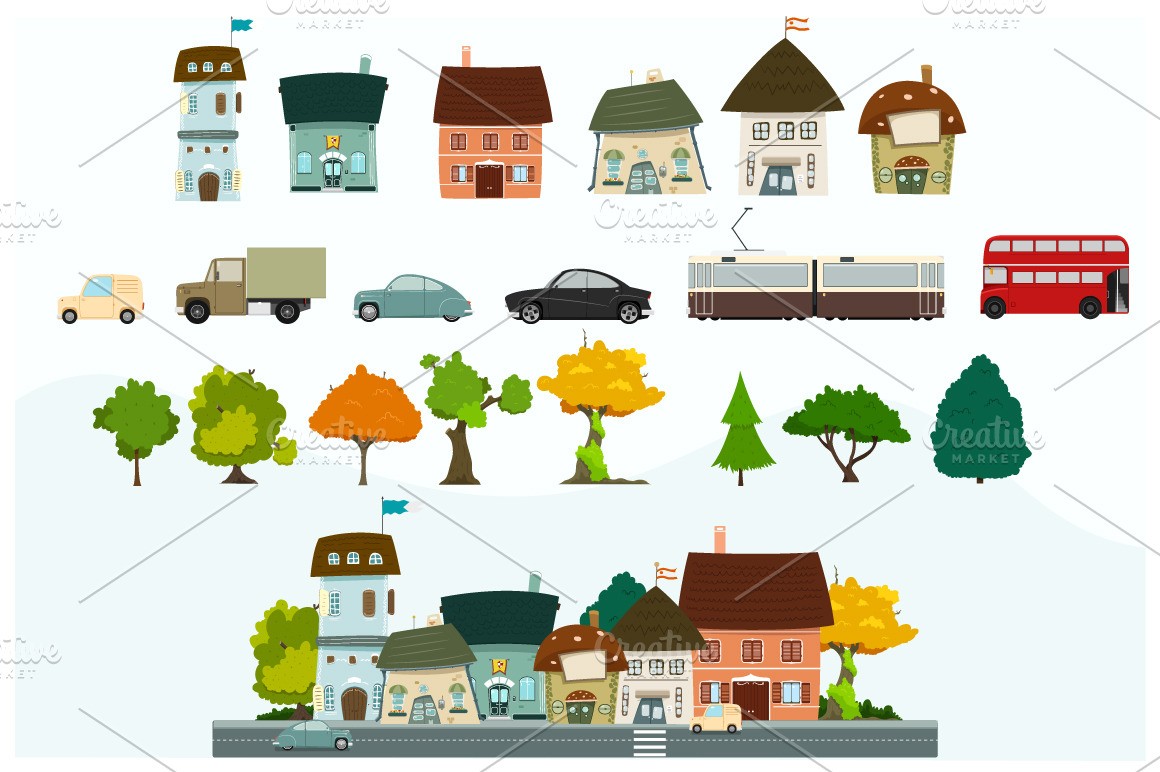 City cartoon elements | Pre-Designed Vector Graphics ~ Creative Market