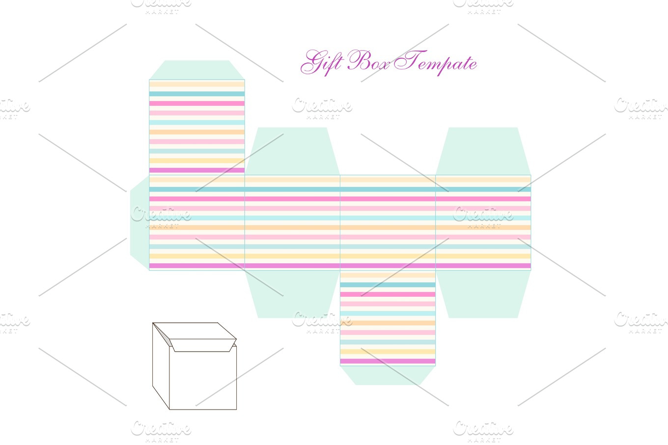 Cute retro square gift box template with striped ornament to print, cut ...