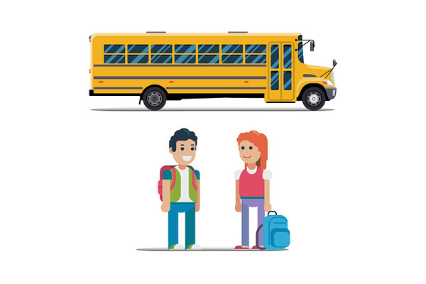 Download Children get on school bus. Vector flat illustration | Pre ...