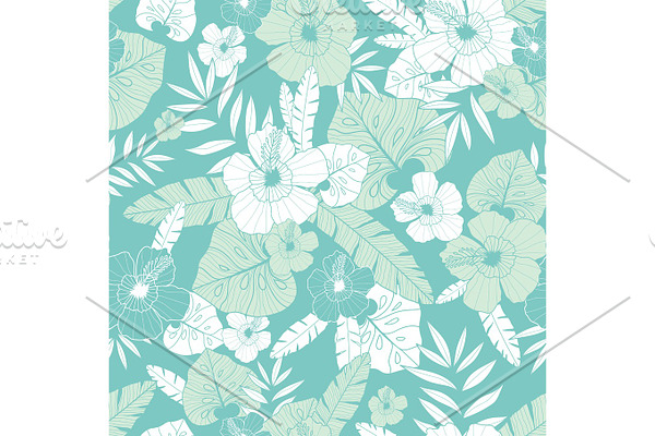 Vector Light Blue Drawing Tropical Summer Hawaiian Seamless Pattern With Tropical Plants Leaves 7652