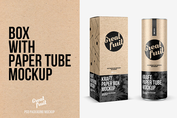 Download Kraft Box With Paper Tube Mockup Creative Photoshop Templates Creative Market