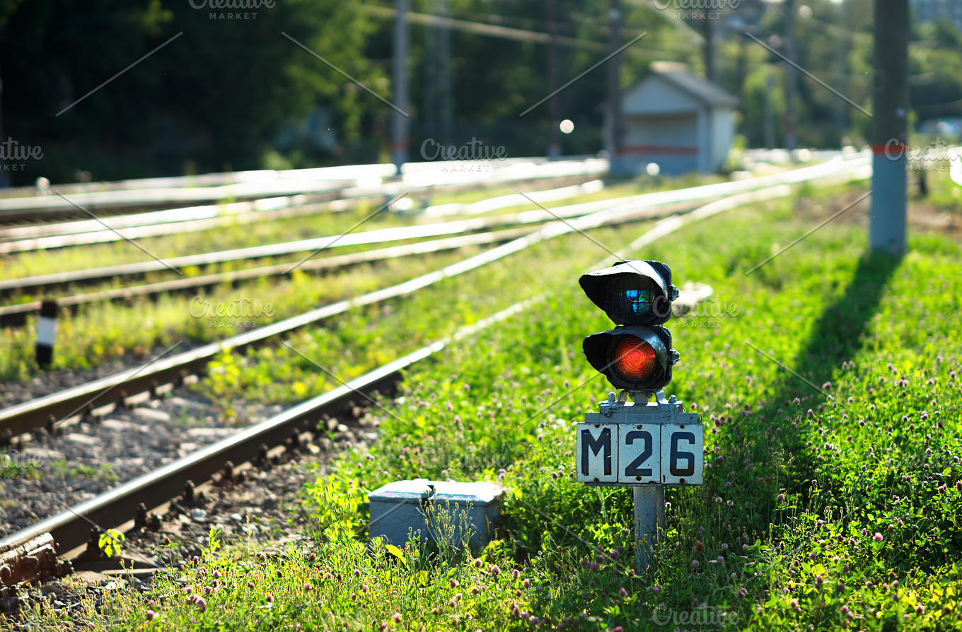 Railroad semaphore with diagonal railway background featuring ...