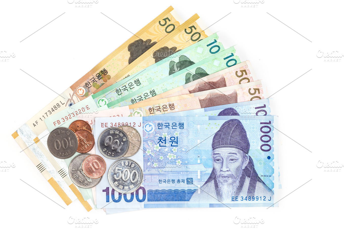 Different value south korean currency bill and coins save your money