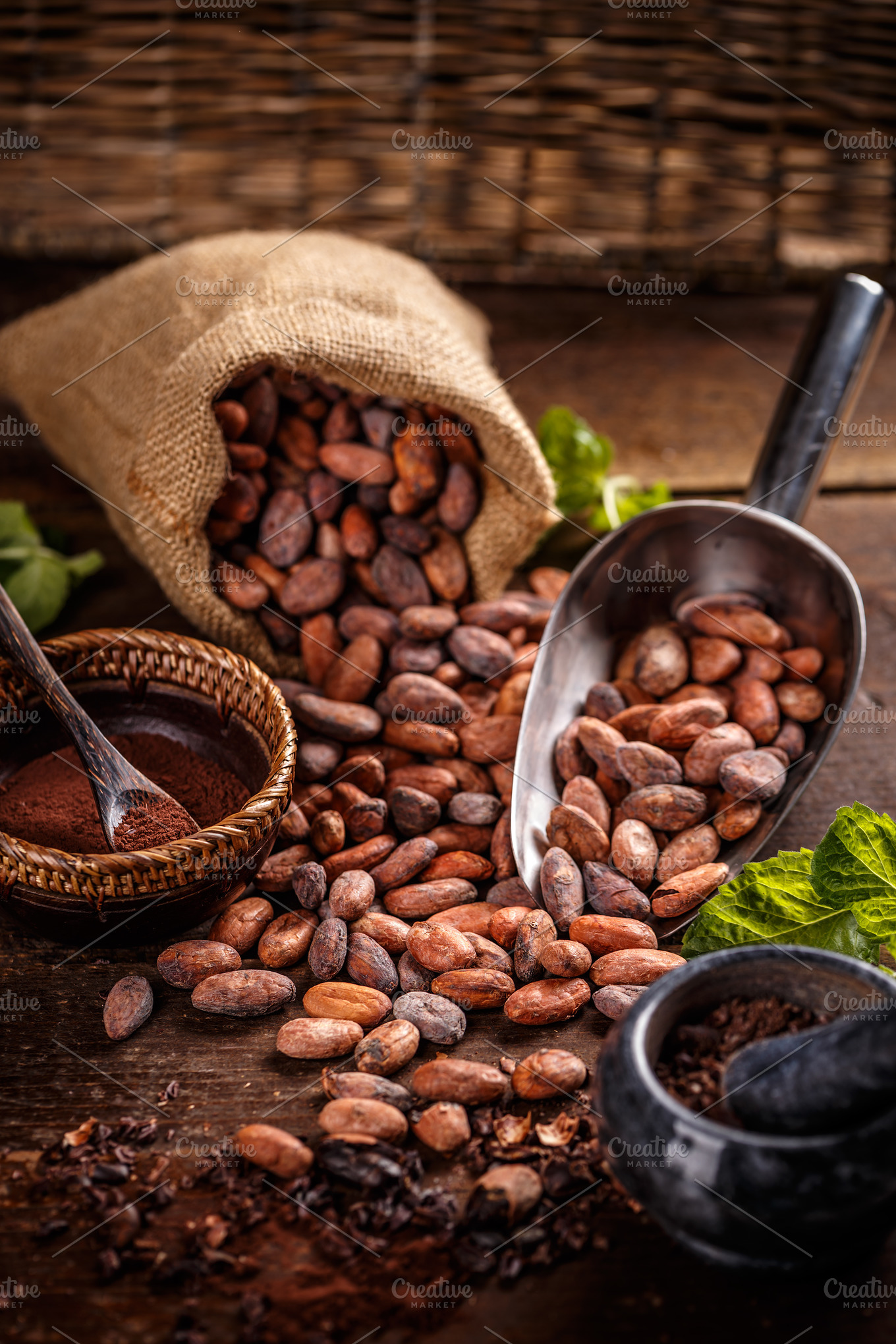 Still life of cocoa beans containing cacao, beans, and cocoa Food