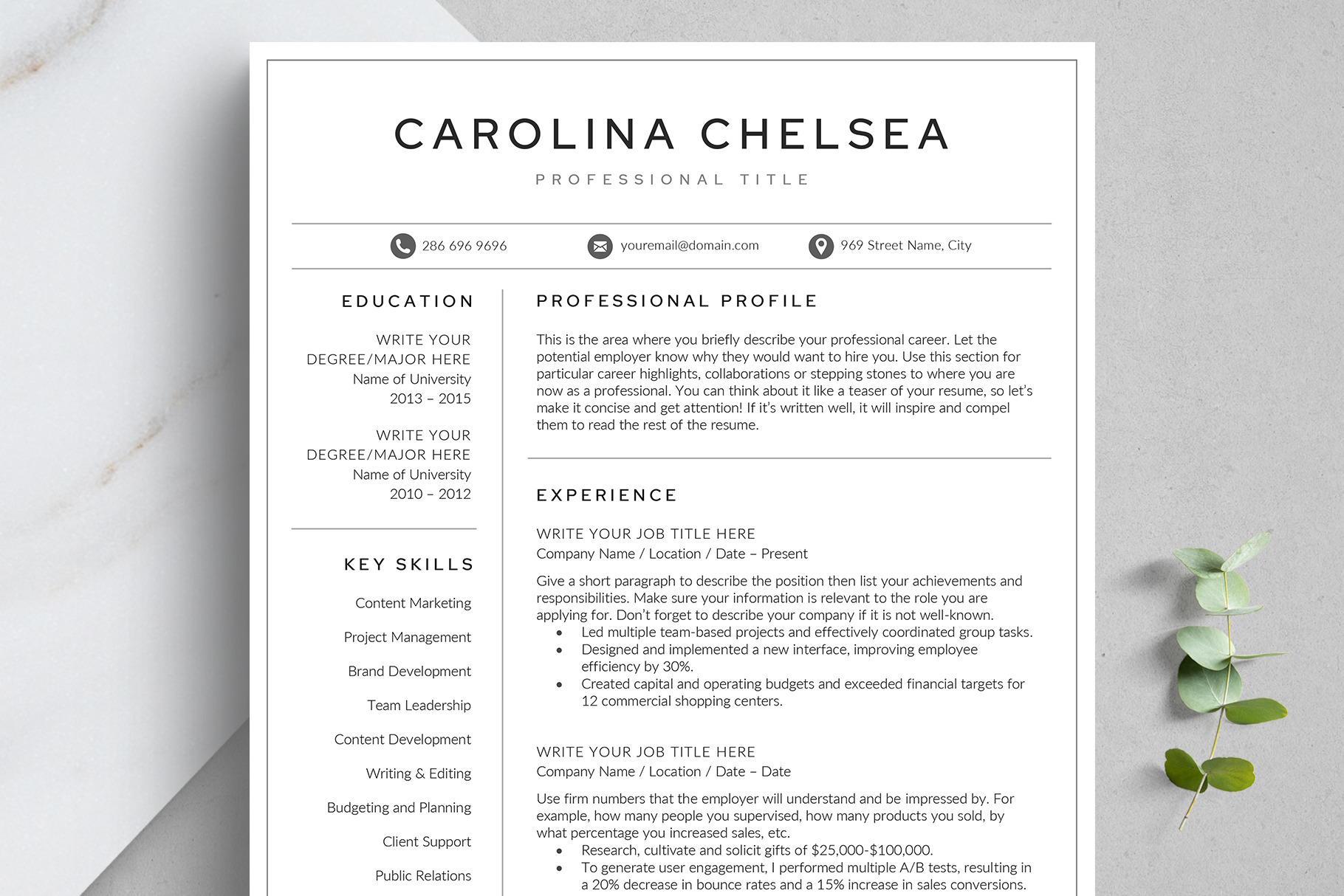 Resume/CV Template - CAROLINA | Resume Templates ~ Creative Market