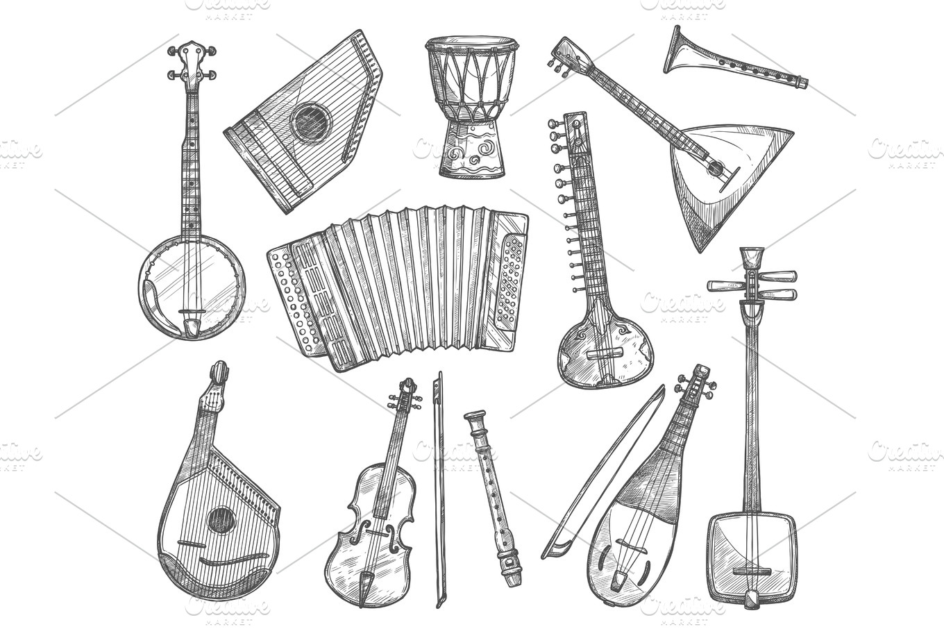 Vector sketch icons of musical instruments | Pre-Designed Illustrator