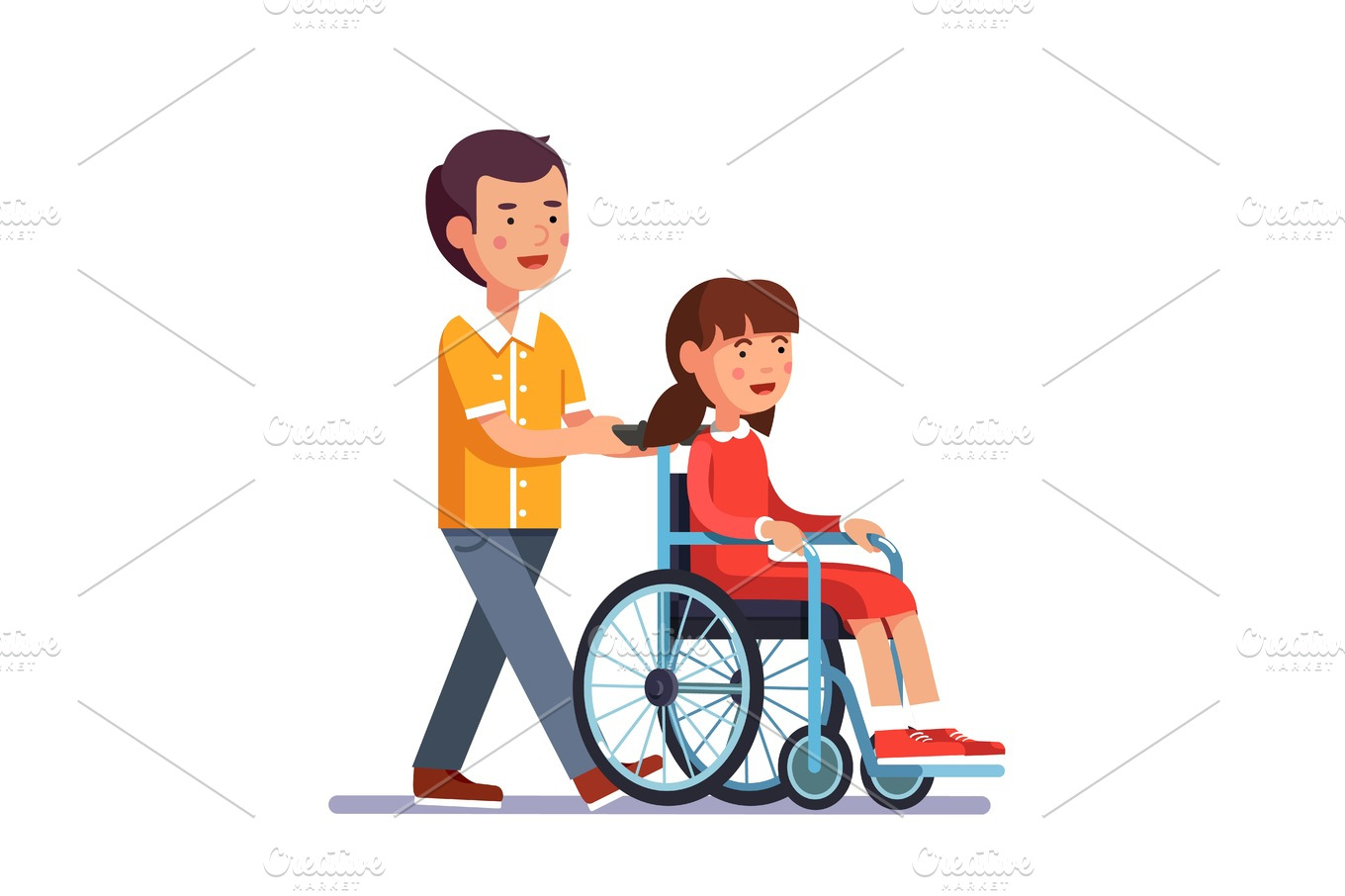 Kid pushes wheelchair with person Education Illustrations Creative