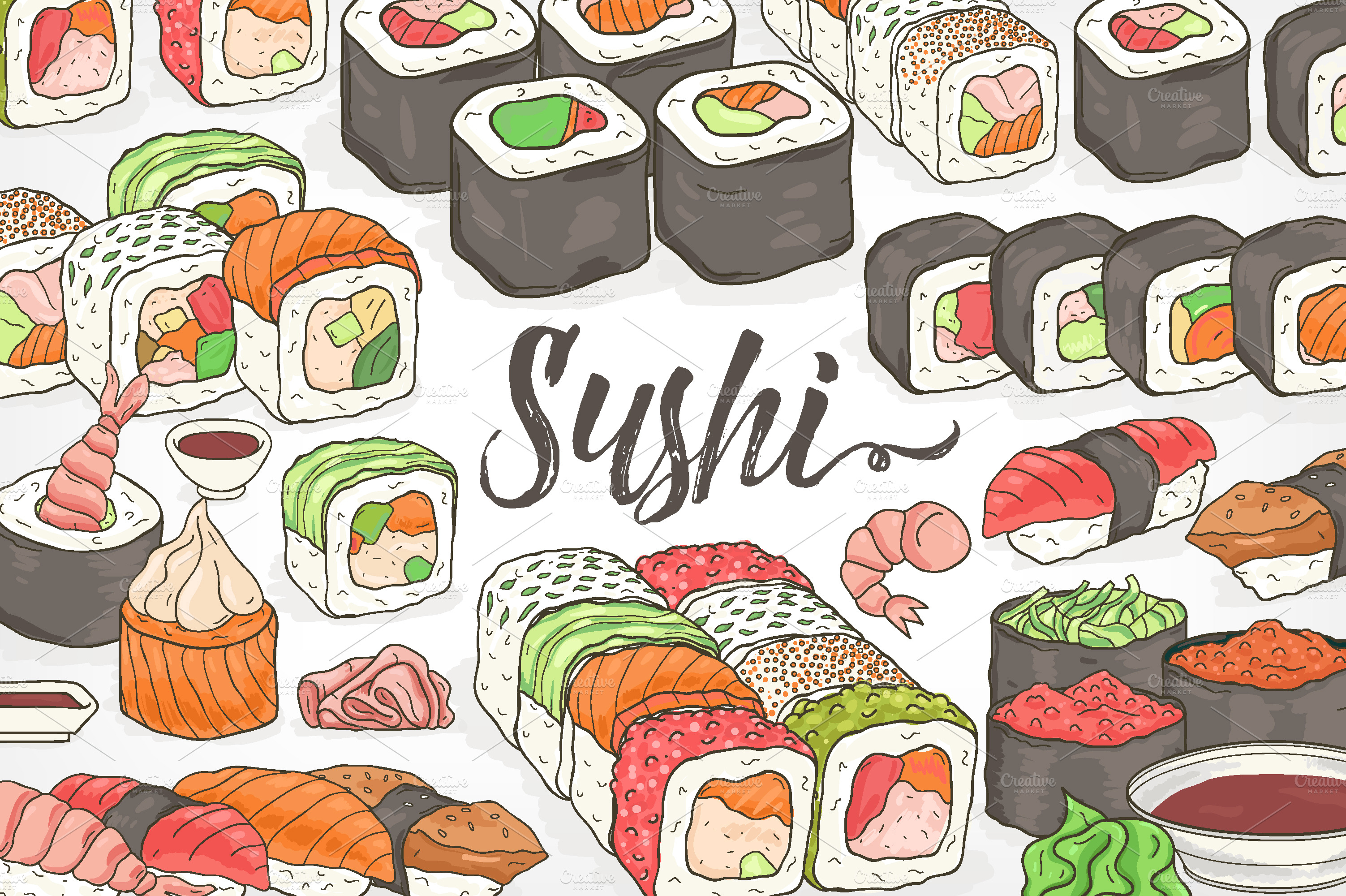 Set and seamless pattern of sushi Illustrator Graphics Creative Market