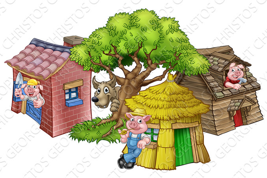 The Three Little Pigs Fairytale Houses | Pre-Designed Illustrator