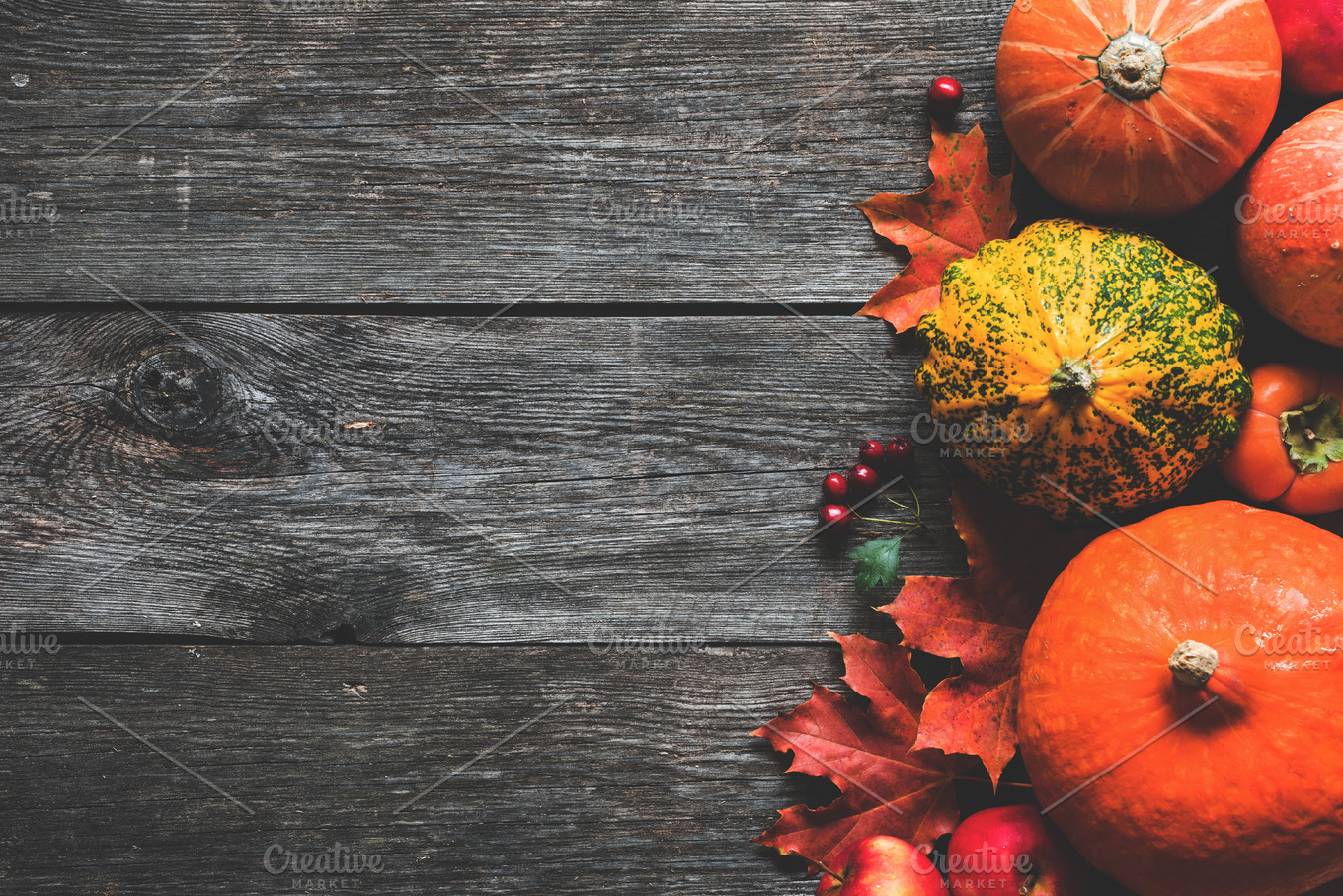 Pumpkins and maple leaves on wooden background. Fall frame | Holiday ...