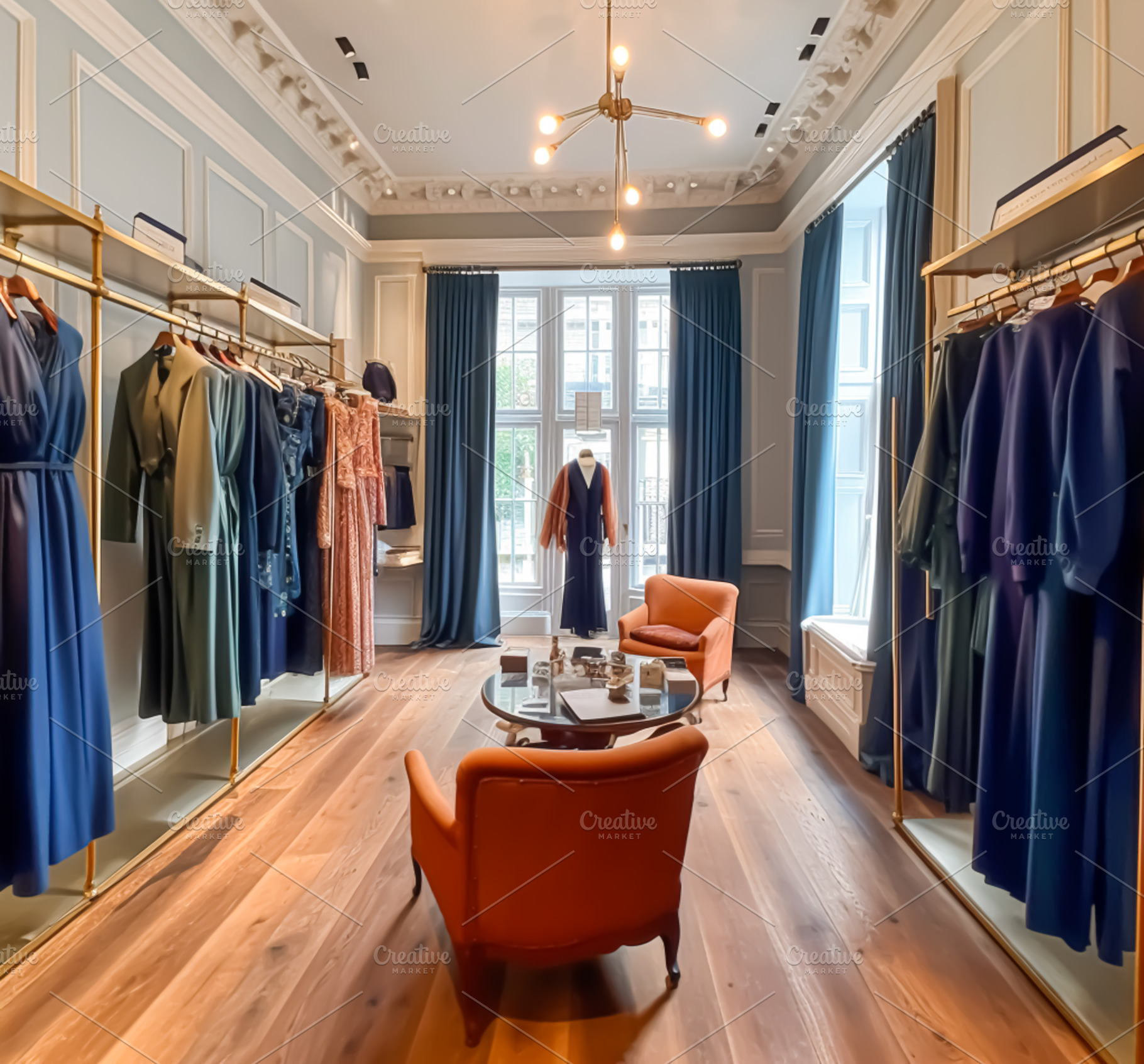 High Street Retail, Small Business And Commercial Interior, Fashion Store  In The English Countryside Style, Elegant Country Clothing Shop Showroom  And Luxurious Boutique In The Old Town, Post-processed, Generative Ai Stock  Photo