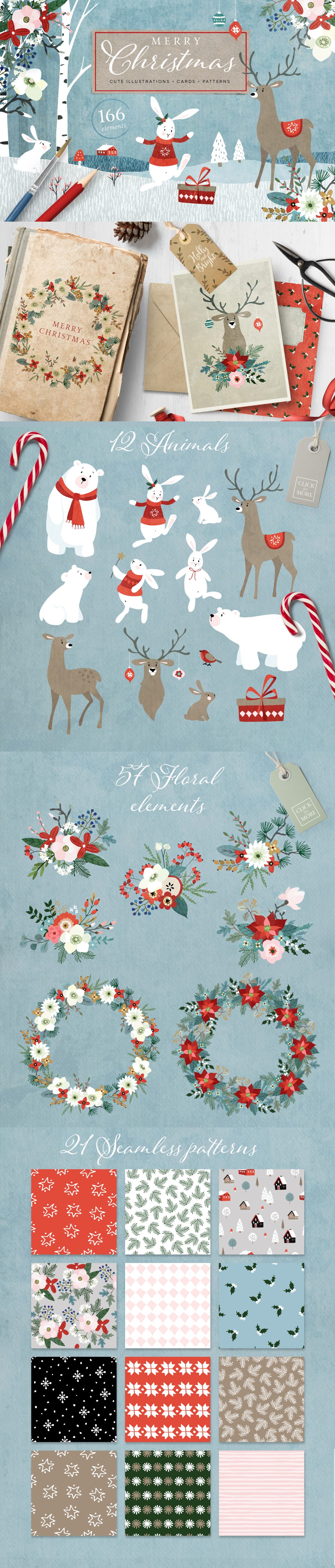 Merry Christmas set, 166 elements | Animal Illustrations ~ Creative Market