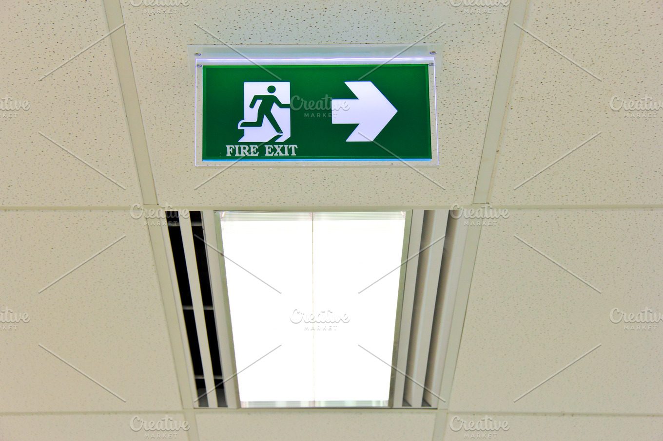 Fire Exit Sign On Ceiling With Light Abstract Stock Photos Creative