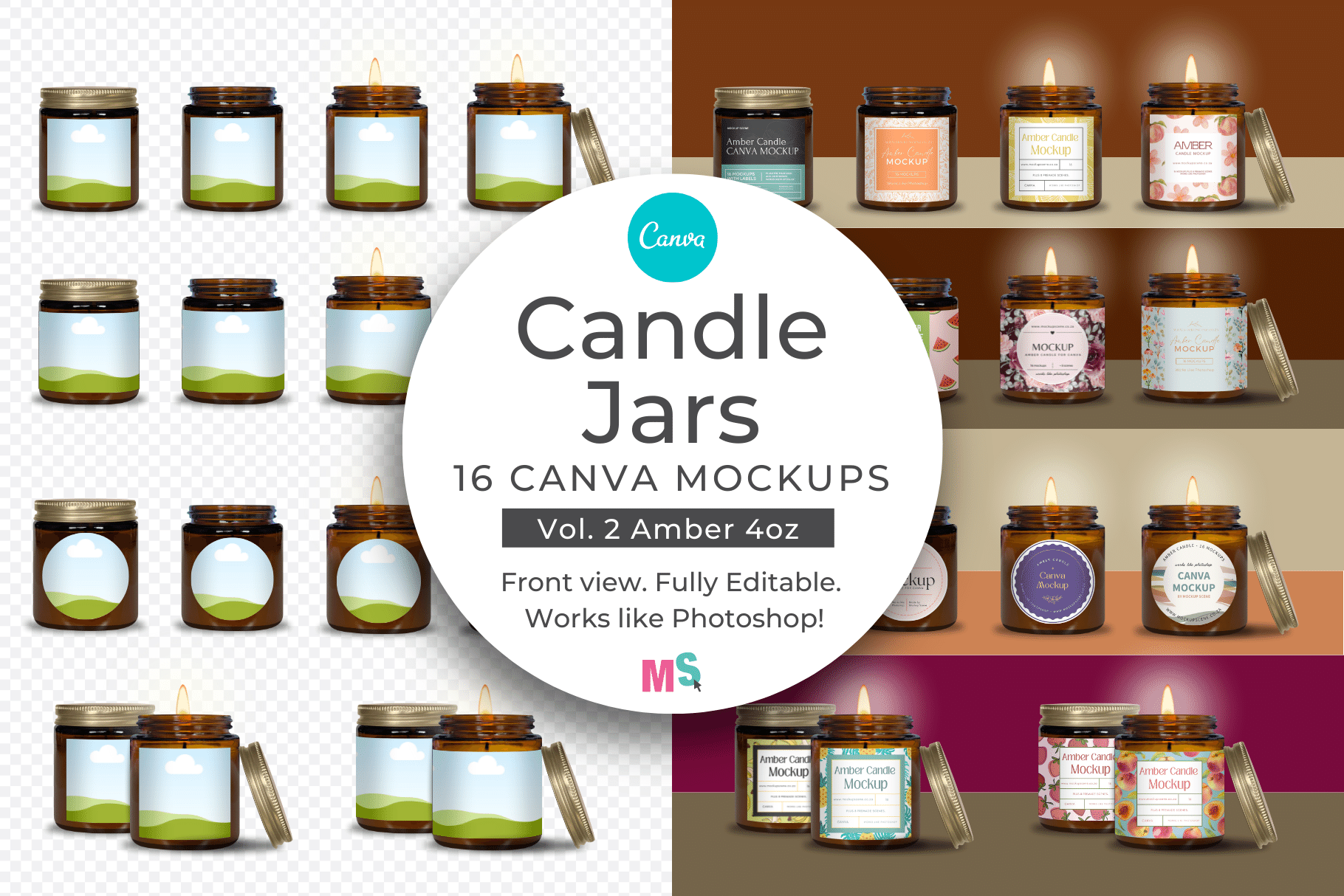 Amber Candle Mockup CANVA, Jar Candle Mockup 9oz, Boho Candle Label