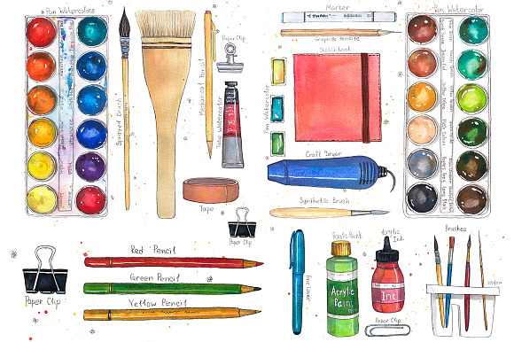 Watercolor art supplies  Illustrations ~ Creative Market