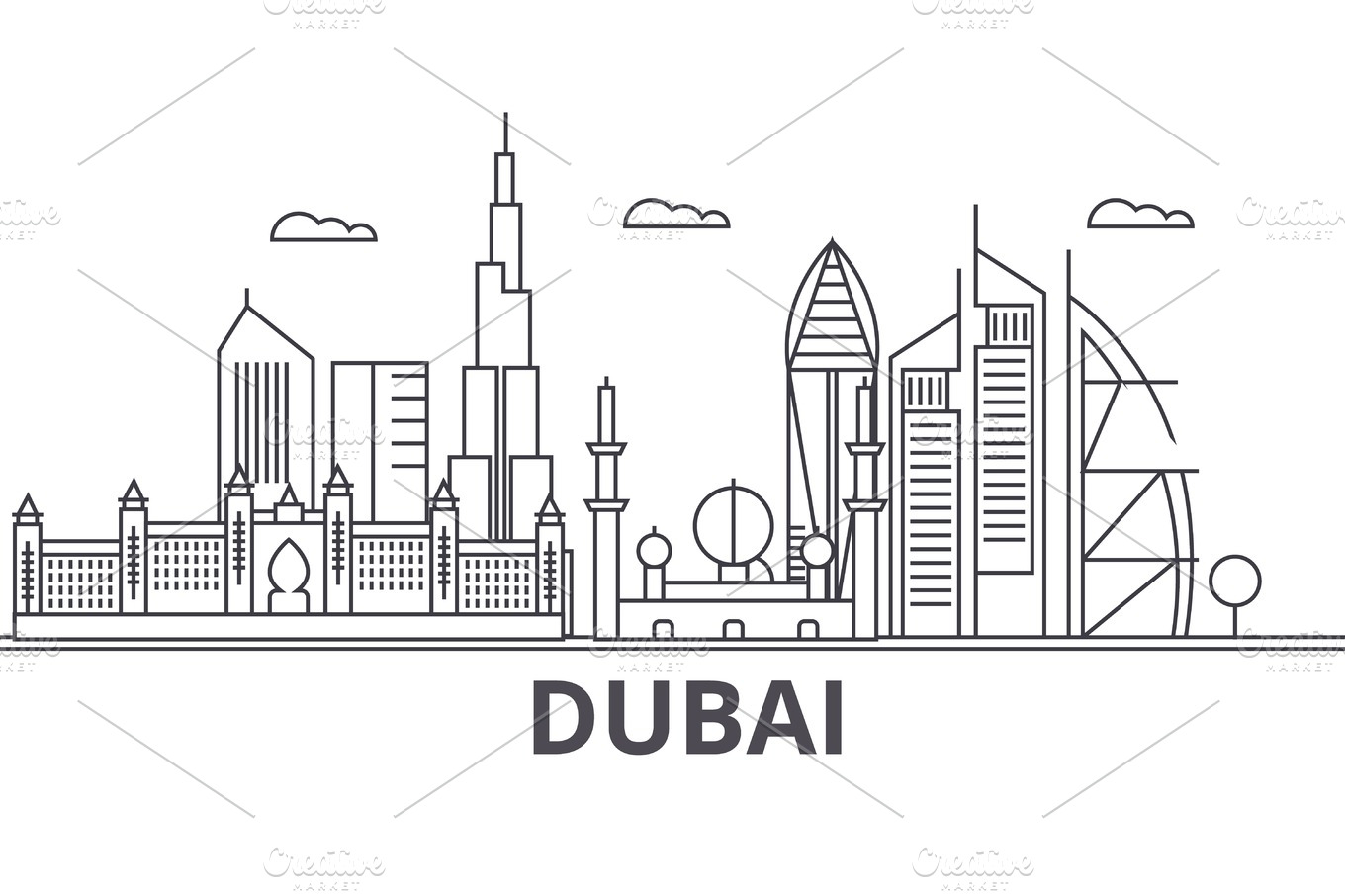 Dubai architecture line skyline illustration. Linear vector cityscape ...